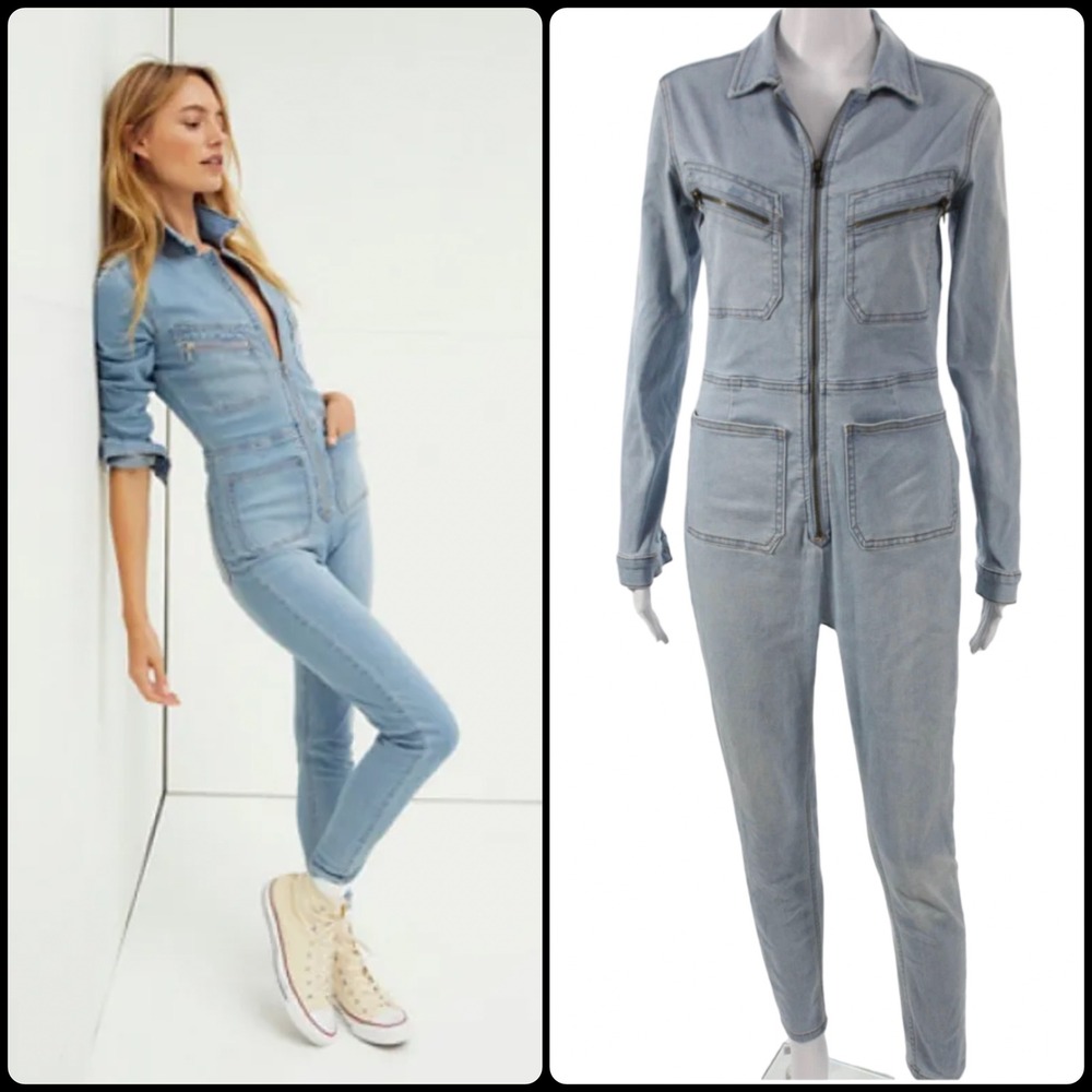 Free People Lennox Denim Utility Jumpsuit Light Wash Zip Front Stretch One Piece